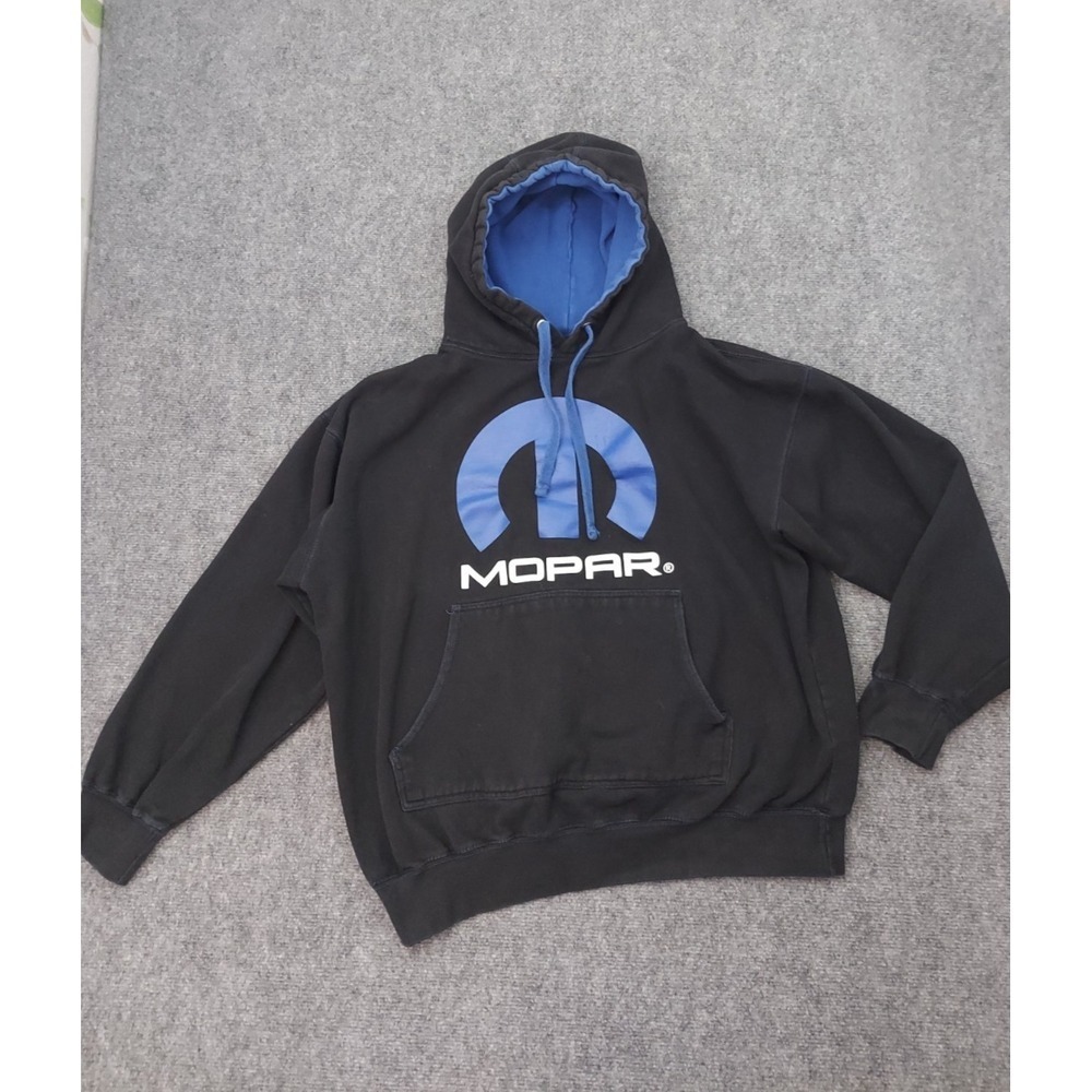 MOPAR Sweatshirt Hoodie Mens XL Black Blue Logo Kangaroo Pocket Graphic Racing